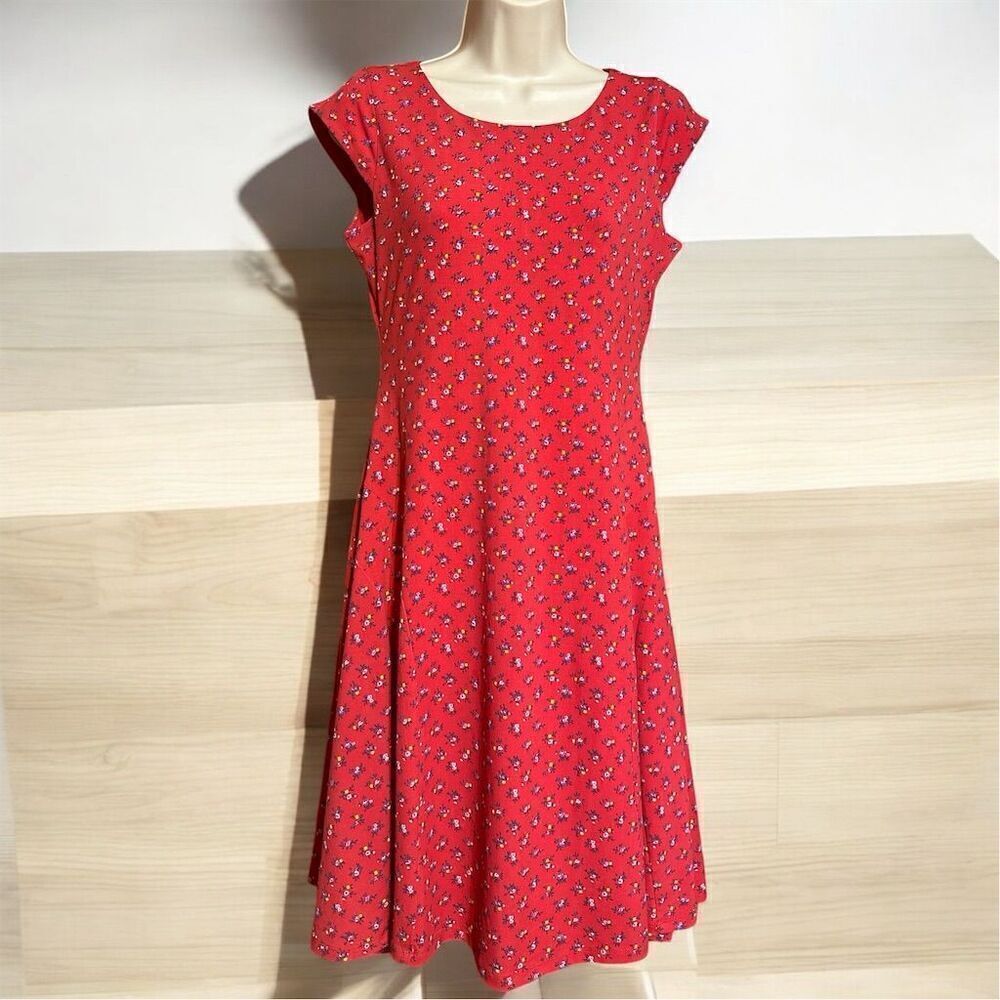EBZA Red Disty Floral Feminine Capped Sleeve A-Line Midi Length Dress
